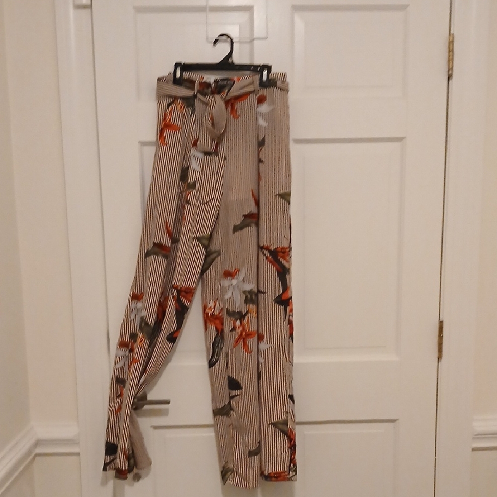 Fashion Nova Red and Brown Striped Floral Pants